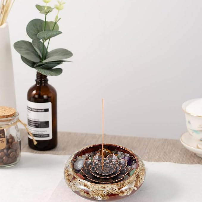 Incense Stick Holder - Green Ceramic Incense Burner， Crystal Lotus Incense Holder, Incense Burner for Cone, Coil, Sage Cones, Frankincense, and Palo Santo