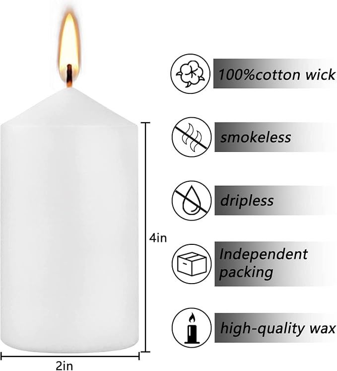 20 Pcs Bulk Long Burning Wax Pillar Candles 2" x 4" Dripless Unscented Smokeless for Wedding Party Spa Lantern Fireplace Home(White)
