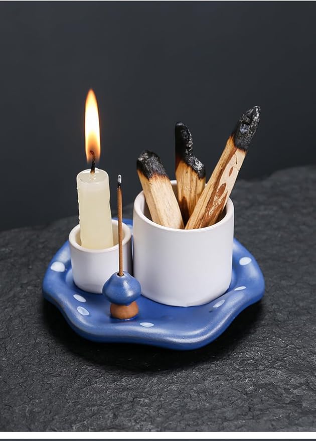 Mushroom Ceramic Incense Holder Set,4-in-1 Design for Sage, Palo Santo, Incense Sticks Candles,Blue Ceramic Ash Catcher Tray for Mess-Free Meditation, Yoga and Home Decor