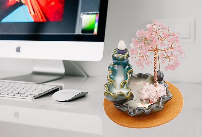 Backflow Incense Holder, Waterfall Incense Burner, Gemstone Money Tree Home Living Room Decorations Office Accessories for Women, Mothers Day Mom Gifts (Rose Quartz)