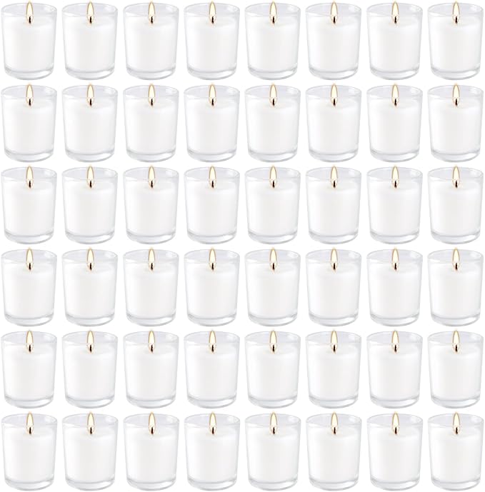 48 Pack White Unscented Clear Glass Filled Votive Candles. Hand Poured Wax Candle Ideal Gifts for Aromatherapy Spa Weddings Birthdays Holidays Party (White)