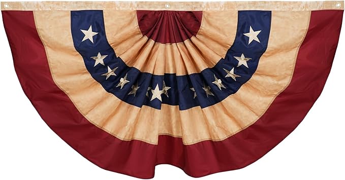SYII Vintage Bunting Flag 3x6 Feet Outdoor, Embroidery Stars Vintage American Bunting Flags with 3 Brass Grommets, Patriotic Half Fan Banner for Fourth of July Decor, 4th of july Decorations Outdoor