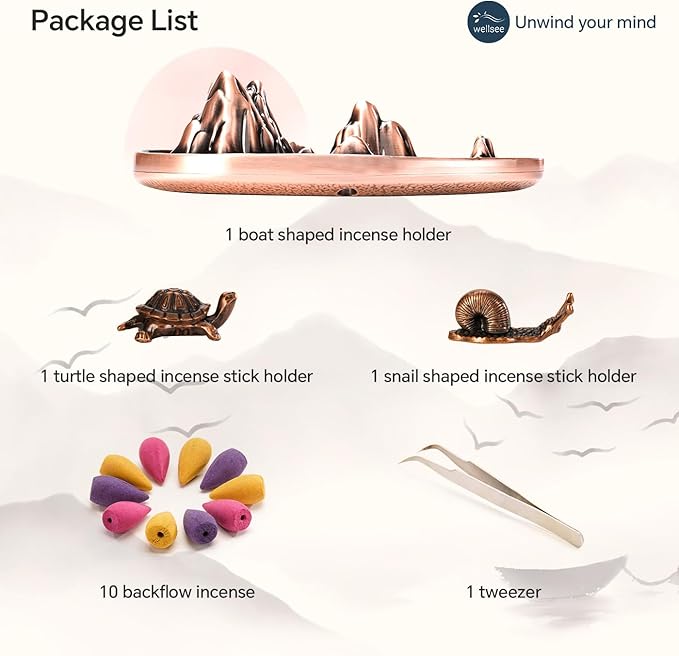 wellsee Incense Burner - Incense Waterfall Fountain Backflow Incense Holder with Sticks Holder & Cones, Tweezers, Box