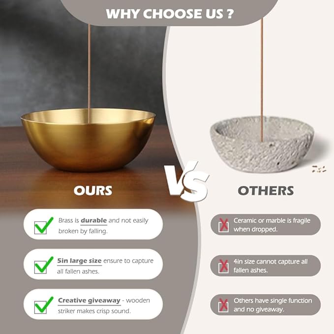 5 Inch Brass Incense Bowl, Large Copper Incense Holder for Sticks/Cones, Offering Bowl, Singing Bowl, Ash Catcher for Altar, Meditation, Yoga (Gold&Yellow)