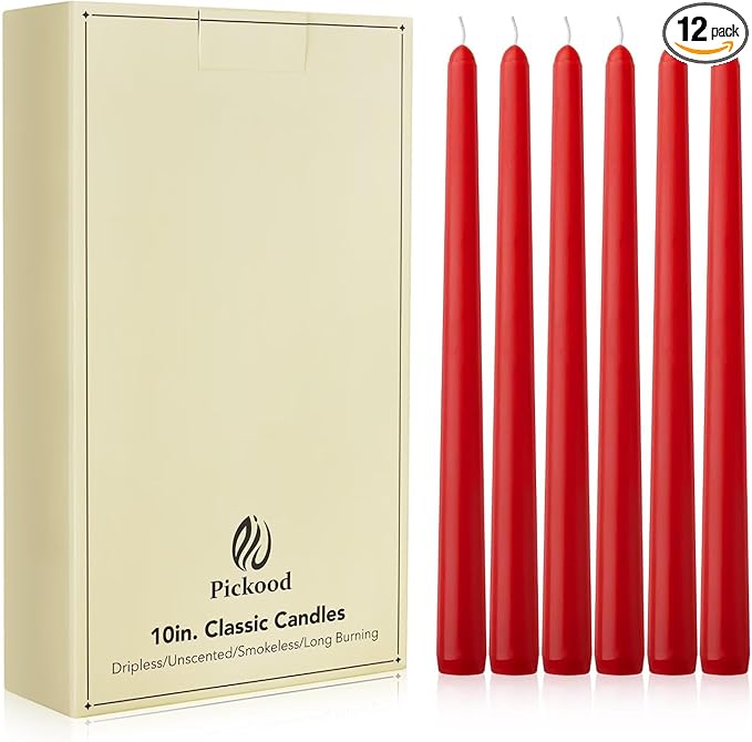 New Burning Formula Unscented Dripless 10-Inch Taper Candles Set of 12 - Red, for Wedding, Dinner - Smokeless, Long Burning - Hand Poured, Colored Tall Candlesticks - Rojo
