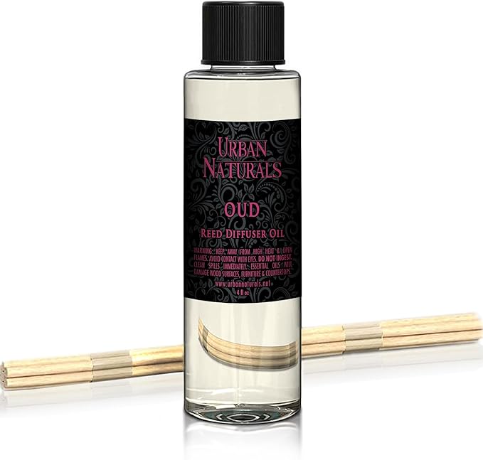 Urban Naturals Reed Diffuser Oil Refill, Oud Diffuser Oil with Raspberry, Warm Amber, Bergamot, 4 oz + Free Reed Sticks, Made in The USA