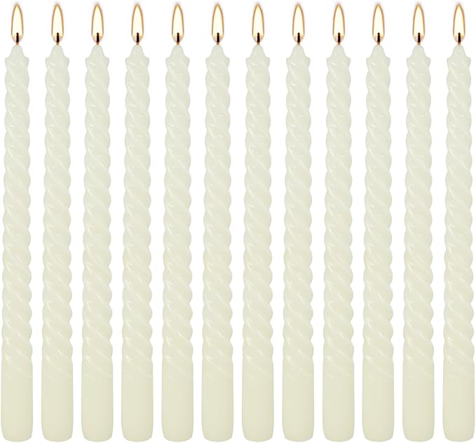 12 Pack 10 inch Ivory Spiral Taper Candles - Dripless, Smokeless, Unscented - 7 Hour Long Burning - Hand Poured Tall Candlesticks - Perfect for Dinner,Party,Wedding and Home Decoration.