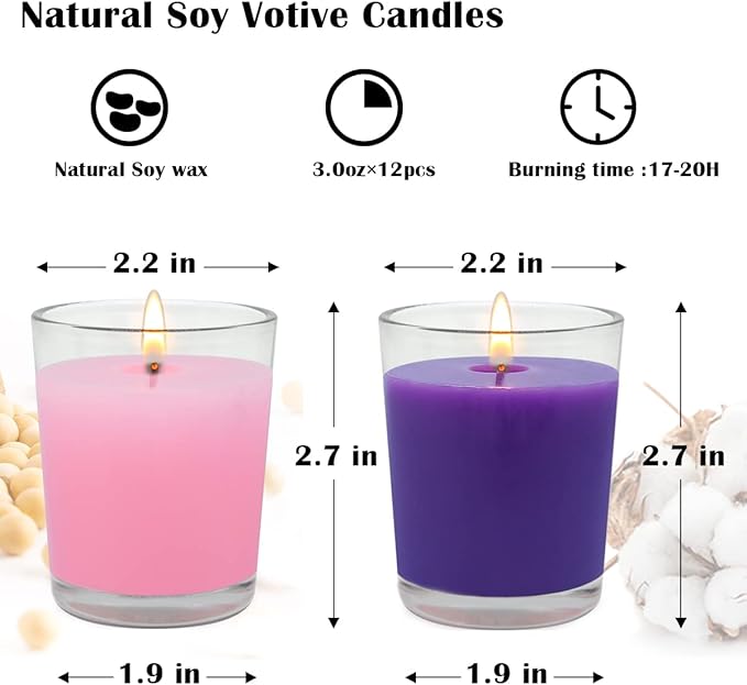 12 Packs Advent Candles with Clear Glass Holder, 9 Purple and 3 Pink Votive Candles, Unscented Seasonal Celebration Candles for Christmas Table Decoration, 1.8oz, KFUS-12VOT-ZIFEN