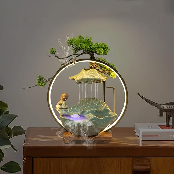 Backflow Incense Holder with Water Fountains and LED Light, Rockery, Monk and Plants Perfect for Relaxing or Home Decor (Monk witn Rockery)