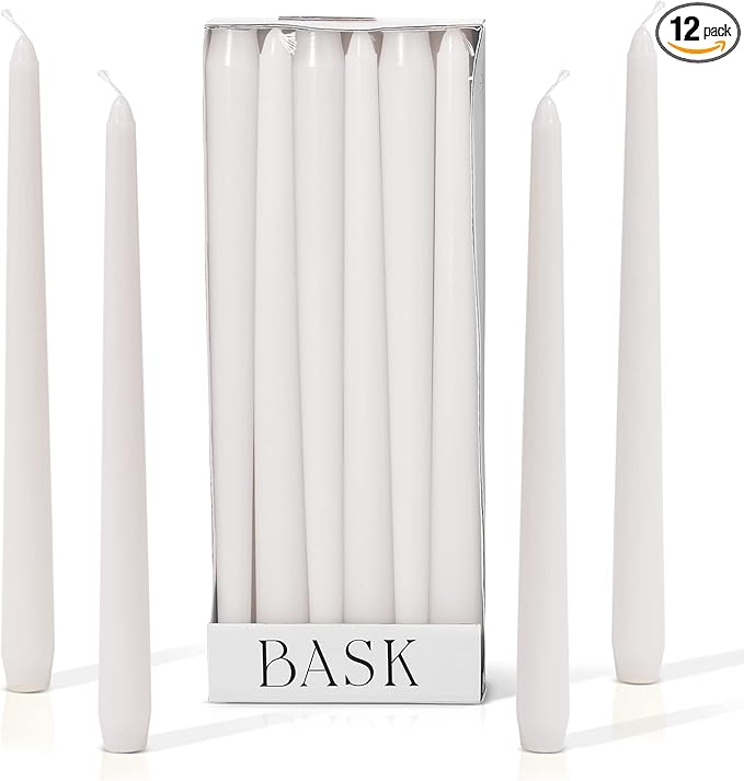 Bask 10-inch Taper Candles - Unscented and Dripless - Burns for 8 Hours - Home Decor for Dinner Table, Kitchen, and Bedroom - Perfect for a Romantic Date or Anniversary - 12-Pack - Ivory