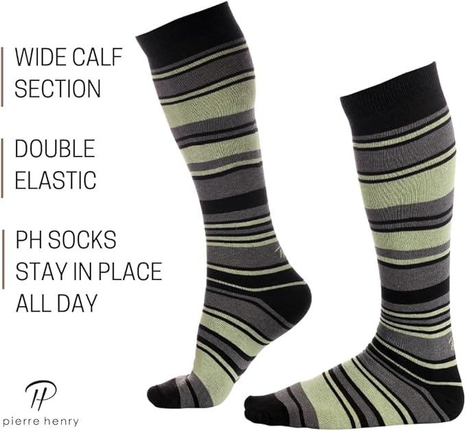 Pierre Henry Over the Calf Socks for Men (3 pairs) | Cotton Over the Calf Dress Socks | Long Socks Designed to Stay up 12+ hr
