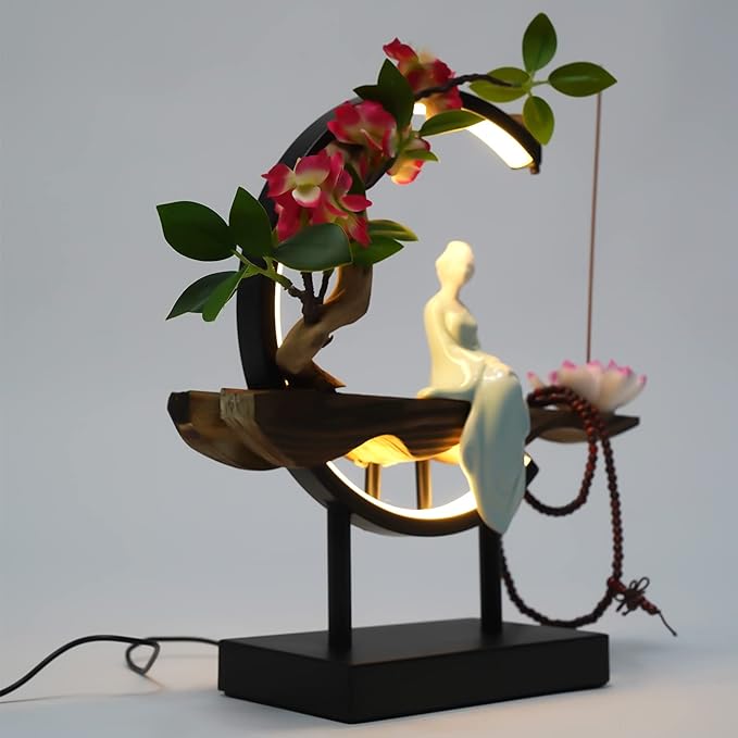 Backflow Incense Holder with LED Light and Begonia, Ceramic Lady Chinese Style Backflow Incense Burner Perfect for Relaxing or Home Decor