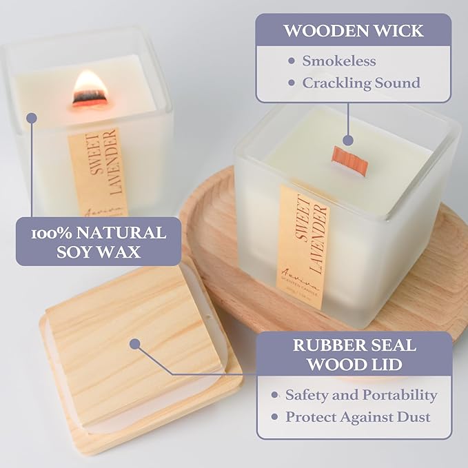 Scented Candle, 7.04 oz Lavender Aromatherapy Candle, Natural Soy Wax with Wooden Wick, Candles for Home, 45 Hours Burn Time, Scented Jar Candle Gifts