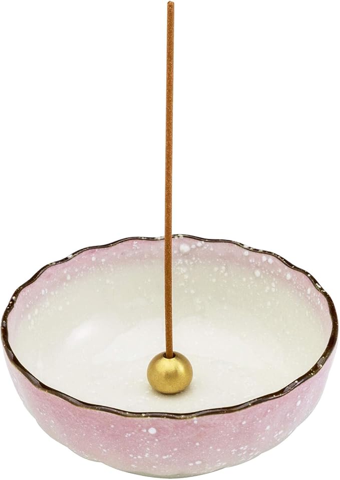 Asayu Japanese Lotus Incense Holder for Sticks 4.1 inch (105mm), Traditional Made in Japan Ceramic Ash Catcher and Brass Incense Burner Set - Pink