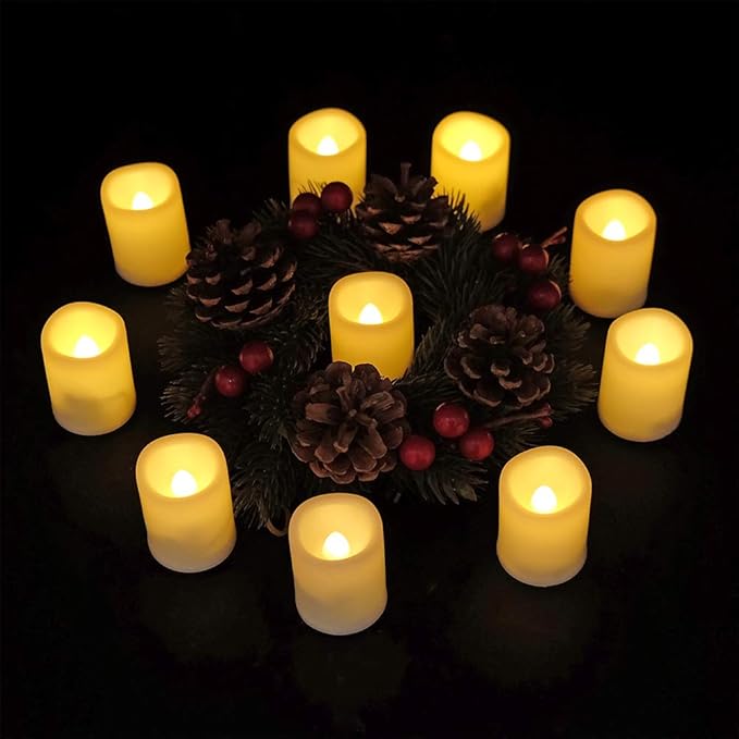 Eldnacele Votive Flameless Candles with Remote and Timer, Battery Operated Warm White Flickering Plastic LED Candles Set of 10 for Dinner Wedding Indoor Holiday Decor (D1.5×H2)