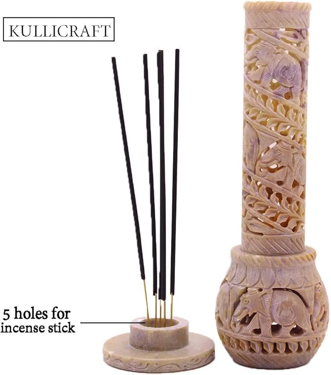 Carry Me Hand Carved Soapstone Incense Stick Holder | Candle Burner | Tea Light Stand. Elephant Jaali Carving Bottle Shape. Decorative Home and Kitchen Decor - (3x3x10.5 Inches)