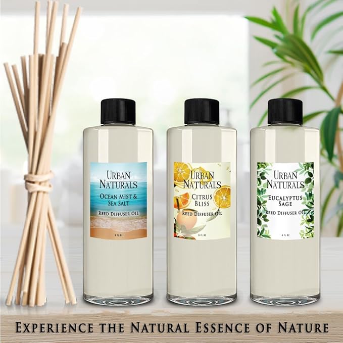 Urban Naturals Reed Diffuser Oil Refill White Tea Sage with Bergamot, Soft Herbal Notes 8 oz + Free Reed Sticks, Made in The USA