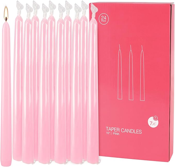 10 Inch Pink Taper Candles Set of 24, Dripless and Unscented Candle Sticks for Dinner, Shabbat, Halloween, Christmas, Wedding, 8 Hours