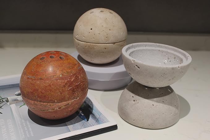 Natural Travertine Round Incense Cone Holder, Minimalist Sphere Incense Burner for Cones, Home Decorations 3.94in (Gray)