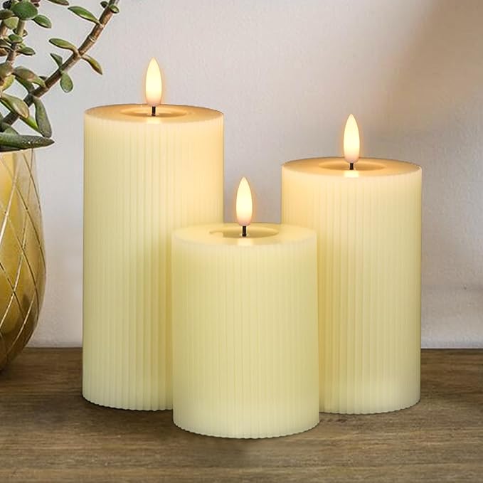 Real Wax Flameless Candles with 6hrs Timer, Battery Led Pillar Candles Flickering 3D Wick Pack of 3 Striped Candles, Party Dinner Home Decor House Warming, Ivory Φ 3" H 5" 6" 7"