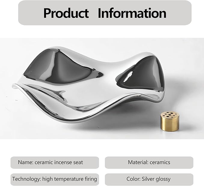 6.7 "Ceramic Incense Burner for Incense/Coil,Wavy Base with Brass -Incense Holder for Sticks,with Ash Catching Bowl for Meditation Yoga and Home Decoration (Silver)