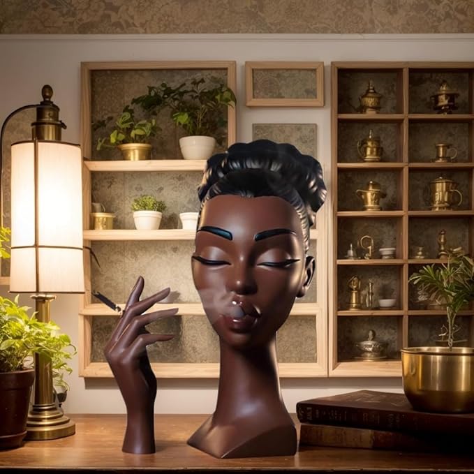 10 Inch Head Incense Burner Black Woman, Exquisite and Elegant Incense Burner,Unique Home Gift Table Accessories,Calm Room Waterfall Decoration (Eyes Closed)