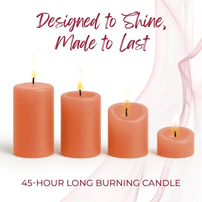 Biedermann & Sons 45-Hour Long Burning Unscented Pillar Candles, Peach, 3 x 4 Inch - Set of 6
