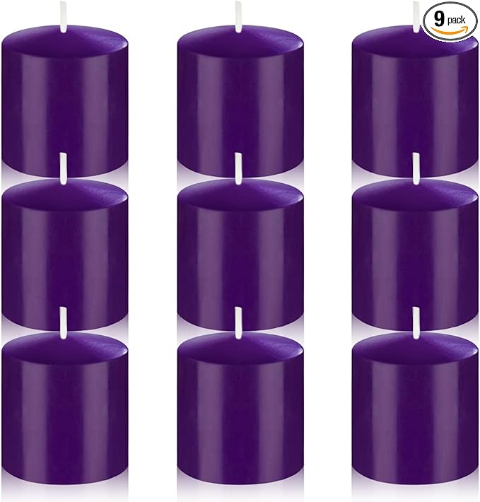 9 Packs Purple Votive Candles, Unscented Small 1.5 Inch by 1.25 Inch Non-Toxic Dripless Colored Wax Votives for Home Holiday Party Table Decor - 8 Hour Burn Time