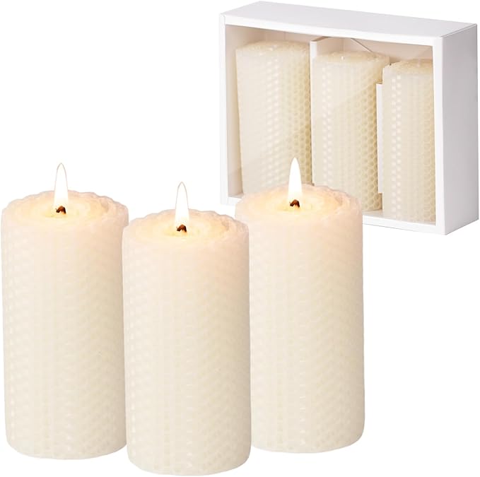 KONNI Beeswax White Pillar Candles Set of 3, 2"x 4" Unscented Pillar Candles Bulk, 20 Hours Long Burning Candles, Smokeless&Dripless Large Round Candle for Wedding, Decoration, Parties, Spas, Dinner