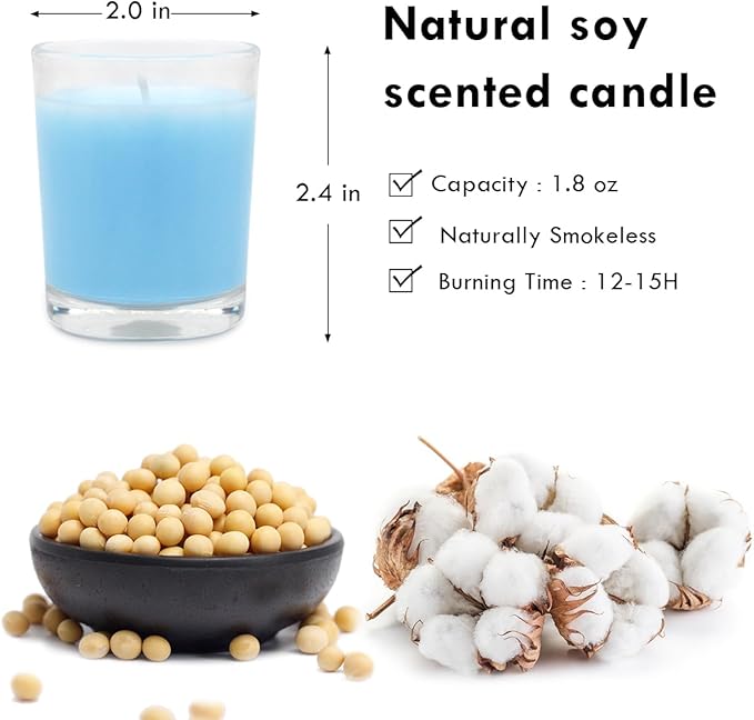 Set of 20 Babyblue Votive Candles Clear Glass Filled Unscented Soy Wax Candle for Home Spa Weddings Holiday Baby-Shower Party and DIY