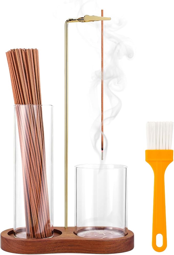 2 in 1 Incense Holder for Sticks with Glass Ash Catcher, Anti-Ash Flying Upside Down Insence Stick Burner, Modern Vertical Inscents-Sticks Holder for Yoga Spa Meditation Home Decor