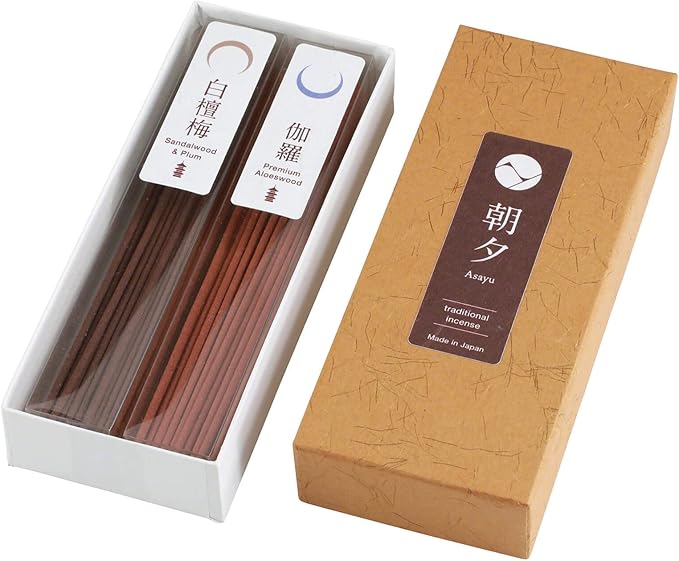 Asayu Japan Traditional Incense Sticks - Temple Set (Sandalwood & Plum + Premium Aloeswood), 40gr (Each Scent 20g), for Yoga, Zen Meditation and Relaxation - Traditional Smoke Type