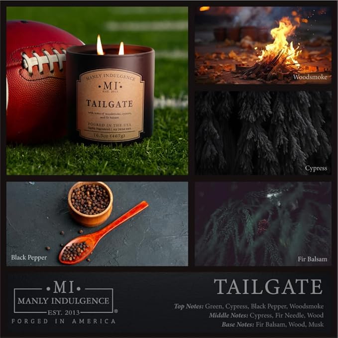 Manly Indulgence Tailgate Scented Candles for Men, 2 Wick, 16.5 oz Premium Soy Blend Wax, 60H Burn, Candles for Home Scented - Made in The USA