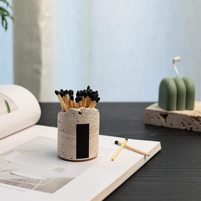 Match Holder with Striker - Set of 2 - Handmade Travertine Match Box - Matches in a jar for Bathroom Candle - Cute Home Decor - Matches Not Included