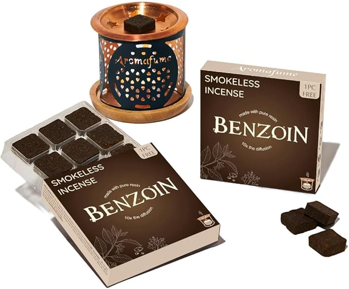 Benzoin Incense Bricks & Flower of Life Exotic Incense Burner by Aromafume | 2 Trays x 9 Bricks | Styrax Extract, Native to Indonesia | Ideal for Prayer & Meditation | Low-Smoke & Non-Toxic
