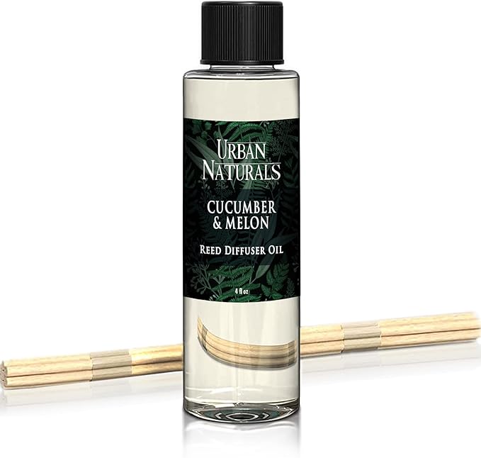 Urban Naturals Reed Diffuser Oil Refill Cucumber Melon, Crisp Cucumber, Juicy Melon, Refreshing Summer Scent, 4 oz + Free Reed Sticks, Made in The USA
