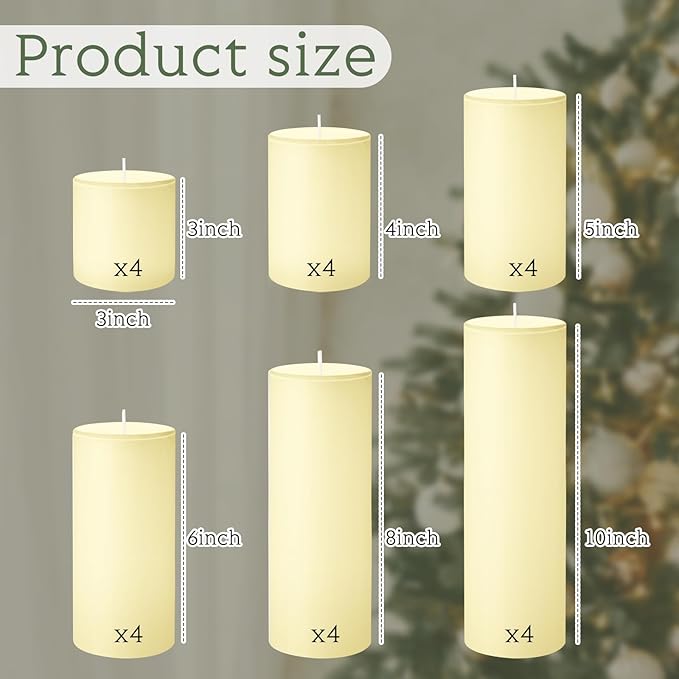 Shihanee 24 Pcs Pillar Candles 3 in x 3,4,5,6,8,10 Dripless Unscented Smokeless Candle Long Burning Decorative Rustic Candles with Cotton Wick for Wedding Home Fireplace (Ivory White)