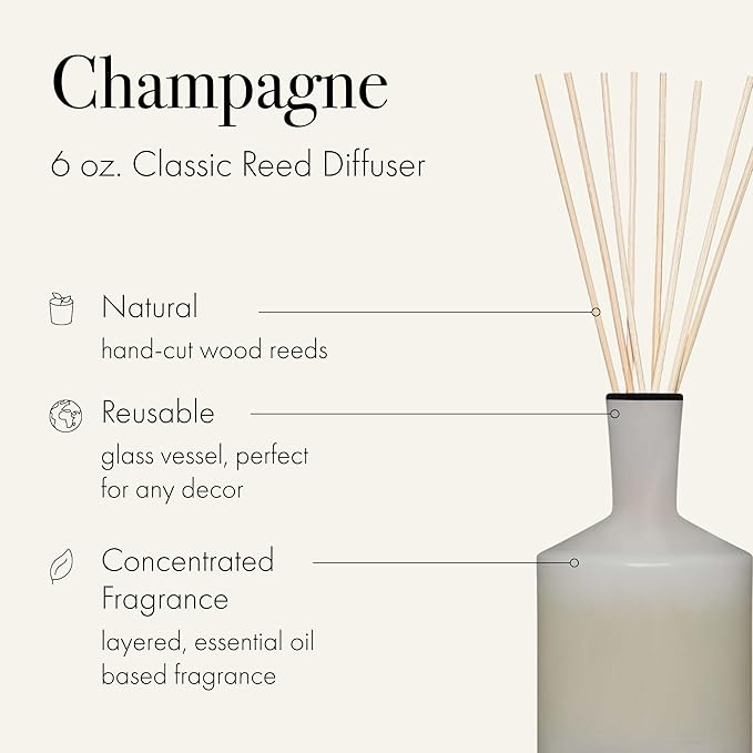 LAFCO New York Classic Reed Diffuser, Champagne - 6 oz - Up to 3 Months Fragrance Life - Reusable, Hand Blown Glass Vessel - Natural Wood Reeds - Made in The USA