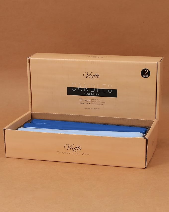 Viyffo 10 Inch Taper Candles Blue Set of 12 Unscented, Dripless, Smokeless Long Tall Tapered Candlesticks Wedding Home Decor Dinner Natural Color Series