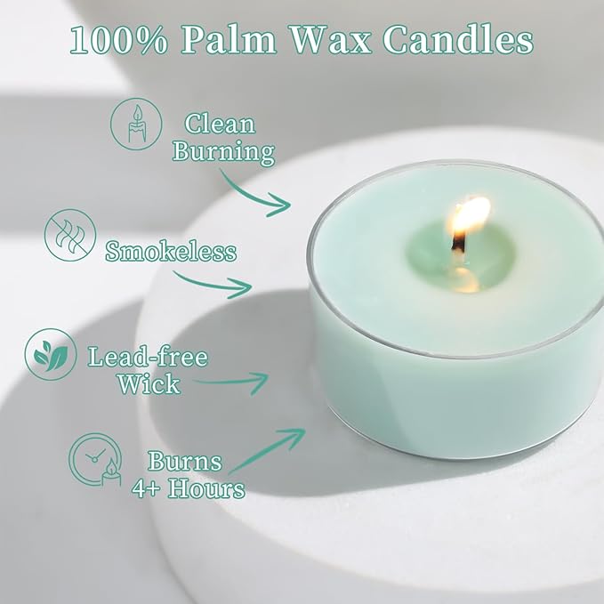Mint Breeze Scented Tea Lights Candles – Bright Green – 6 Hour Burn – 100% Palm Wax – Scented Tealight Candles for Mornings Office Refresh, Outdoor Use – 16 Pack Scent Votive Candle