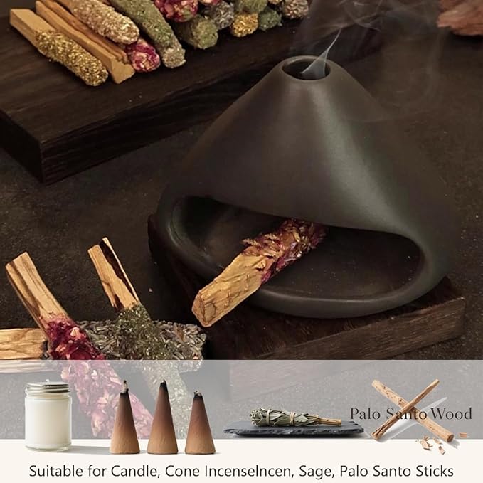 Ceramic Palo Santo Burner, Mini Chimney Incense Holder with Ash Catcher, Aromatherapy Meditation Home Decor for Anxiety Relief, Black