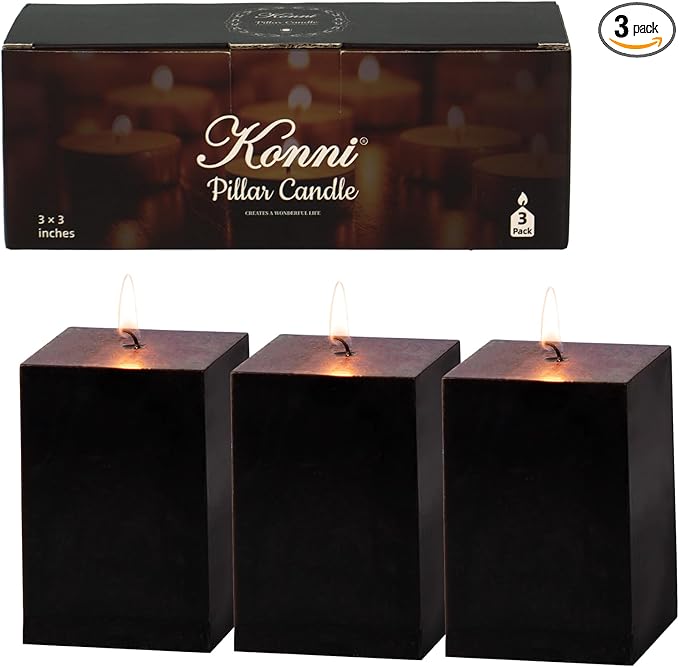 KONNI Square Black Pillar Candles Set of 3, 2.8"x 4" Unscented Pillar Candles Bulk, 30 Hours Long Burning Candles, Smokeless Dripless Large Candle for Wedding, Home Decoration, Parties, Spas, Dinner