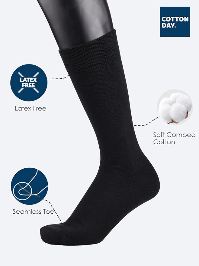 COTTON DAY Men's Premium Soft Combed Cotton Trouser Dress Socks Seamless Toe Black Navy Blue Striped