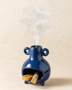Handcrafted Palo Santo Holder, Incense Candle and Matchstick Mini Chiminea for Meditation Space, Wood Sticks and Bulk Incense, Blue