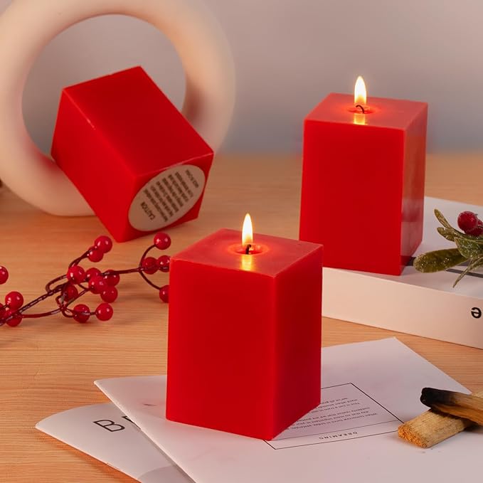 KONNI Square Red Pillar Candles Set of 3, 2.8"x 4" Unscented Pillar Candles Bulk, 30 Hours Long Burning Candles, Smokeless and Dripless Large Candle for Wedding, Home Decoration, Parties, Spas, Dinner