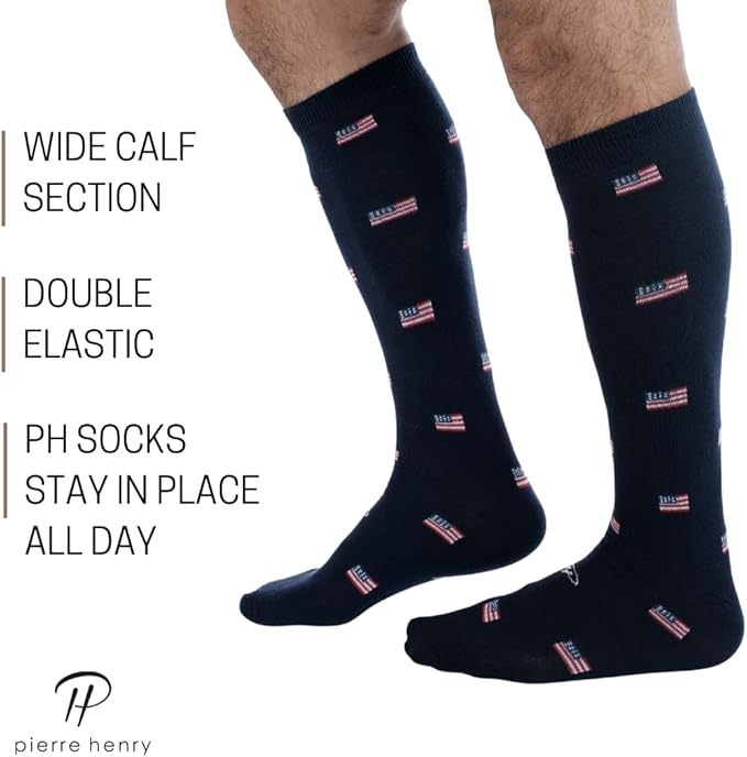 Pierre Henry Over the Calf Socks for Men (3 pairs) | Cotton Over the Calf Dress Socks | Long Socks Designed to Stay up 12+ hr