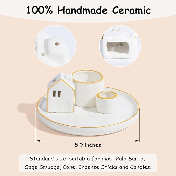 ZenBless 5 in 1 Incense Holder Burner for Palo Santo, Sage, Incense Sticks/Cones and Candle - Ceramic Incense Cone Smudge Tray,Aromatherapy Home Decoration