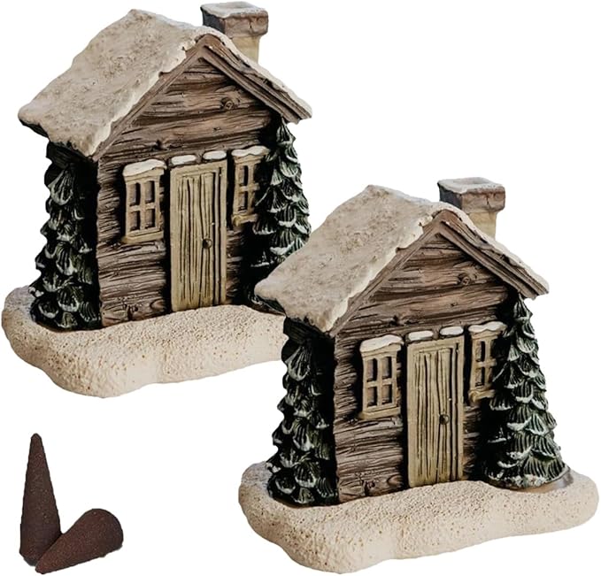 Log Cabin Incense Burner with Smoking Chimney, Resin Christmas Log Cabin Incense Cone Burner, Snowy Winter Rustic Aromatherapy Incenses Holder, Home Tabletop Christmas DecorIncense Burner(2PCS)