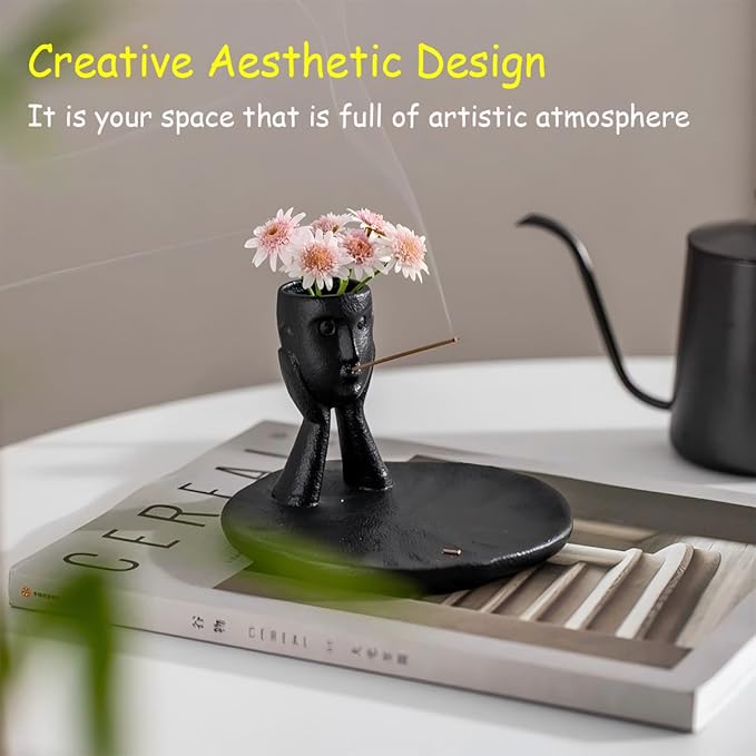 Incense Holder Modern Ceramic, Creative Incense Burner Head Sculpture Figurine Jewelry Dish Trinket Tray Incense Ash Catcher for Burning Sage Stick Unique Gift Home Decor - Black