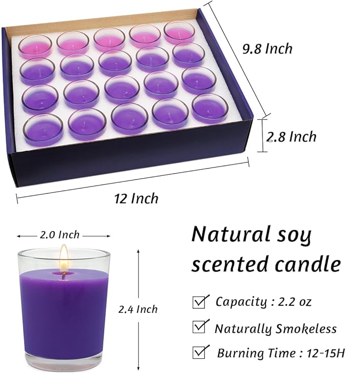 20 Packs Advent Candles with Clear Glass Holder, 15 Purple and 5 Pink Votive Candles, Unscented Seasonal Celebration Candles for Christmas Table Decoration